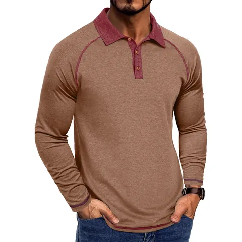 Men's Long Sleeve Polo Shirt Color Block Acetate Fiber Moisture Wicking Lapel Collar Casual Top Slim Fit Summer Basic Fashion