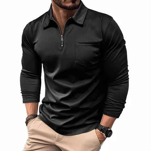 Men's Casual Long Sleeve Polo Shirt Polyester Zipper Lapel Slim Fit Patchwork Top With Chest Pocket American Style Men Clothing