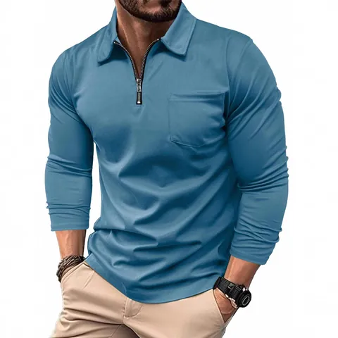 Men's Casual Long Sleeve Polo Shirt Polyester Zipper Lapel Slim Fit Patchwork Top With Chest Pocket American Style Men Clothing