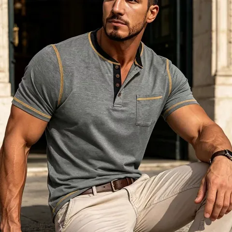 Men's Casual Short Sleeve Henley Shirt Contrast Stitching Slim Fit Quick Dry Breathable Patchwork Polo T-Shirt With Chest Pocket Top