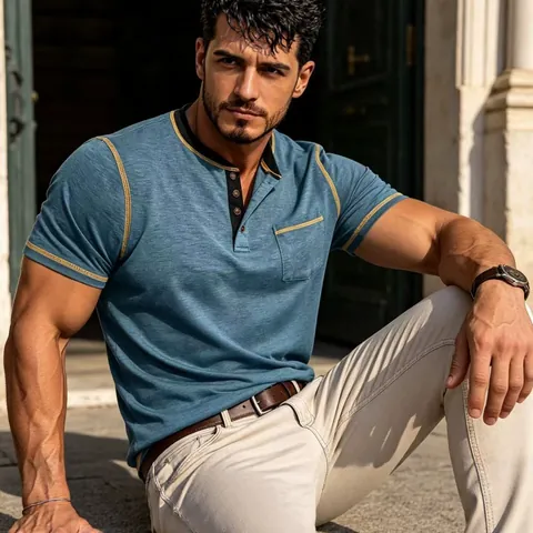 Men's Casual Short Sleeve Henley Shirt Contrast Stitching Slim Fit Quick Dry Breathable Patchwork Polo T-Shirt With Chest Pocket Top