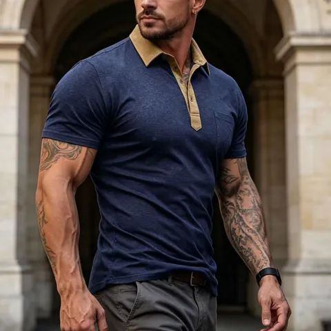 Herren Farbblock Slim Fit Polo Shirt Polyester Atmungsaktiv Kurzarm Revers Casual Asymmetrisches Design Patchwork Top