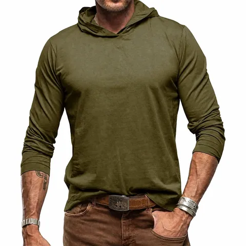 Camiseta con Capucha Casual de Algodón Peinado para Hombre Color Sólido Manga Larga Sudadera Pullover Otoño Primavera