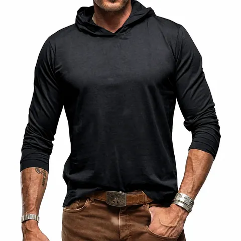 Men's Long Sleeve Hooded T-Shirt Casual Cotton Solid Color Slim Fit Undershirt Moisture Wicking Outdoor Basic Top For Men
