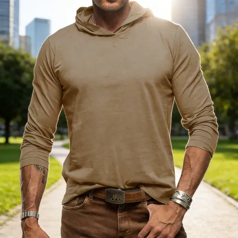 Men's Long Sleeve Hooded T-Shirt Casual Cotton Solid Color Slim Fit Undershirt Moisture Wicking Outdoor Basic Top For Men
