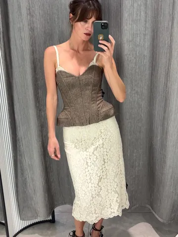 Women Sexy Khaki Fishbone Boned Corset Top Y2K Slim Fit Polyester Lace Camisole Retro Sleeveless Bustier Cami Strappy Top