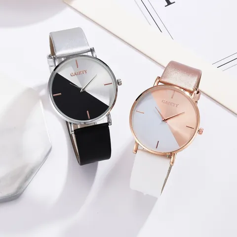 Damen Minimalistische Quarzuhr Zweifarbiges Color-Blocking Zifferblatt Mode Kunstlederarmband Legierung Gehäuse Analoge Armbanduhr Für Damen Studenten