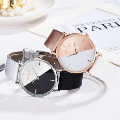 Damen Minimalistische Quarzuhr Zweifarbiges Color-Blocking Zifferblatt Mode Kunstlederarmband Legierung Gehäuse Analoge Armbanduhr Für Damen Studenten