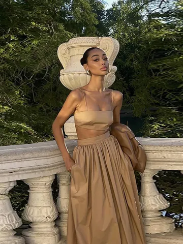 Women Summer Elegant Solid Color Cami Tube Top And High Waist Ruched Maxi Skirt Resort Wear Outfit Top And Bottom