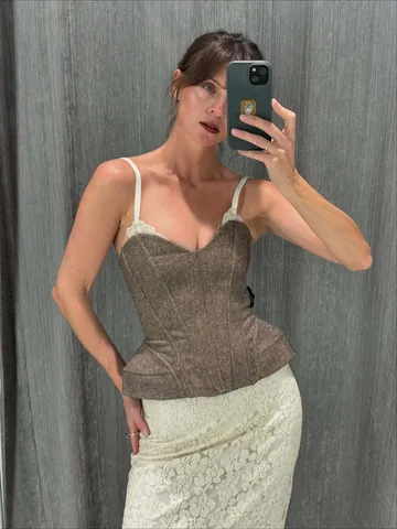 Women Sexy Khaki Fishbone Boned Corset Top Y2K Slim Fit Polyester Lace Camisole Retro Sleeveless Bustier Cami Strappy Top