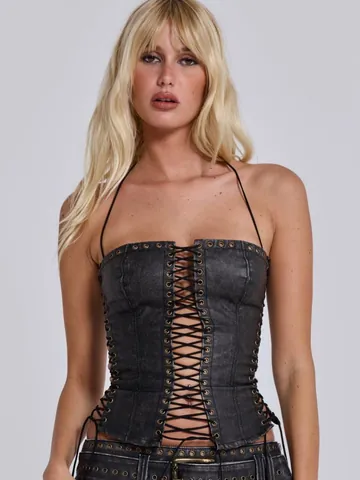 Women Sexy Halter Lace-up PU Leather Corset Top Slim Fit Waist Cincher Hollow Out Sleeveless Short Cami Spice Girl Streetwear