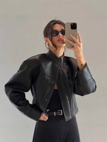 Chaqueta de Cuero Sintético Retro Punk con Cuello Alto para Mujer Corta Ajustada Negro PU Chaqueta Moto Streetwear Top