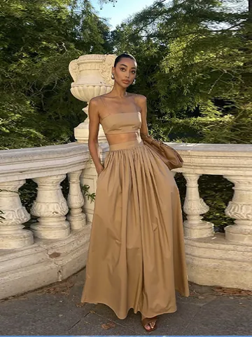 Women Summer Elegant Solid Color Cami Tube Top And High Waist Ruched Maxi Skirt Resort Wear Outfit Top And Bottom