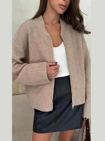 Women Slouchy Acrylic Zip Up Long Sleeve Cardigan Sweater Elegant Polo Collar Quilted Knit Outerwear Top