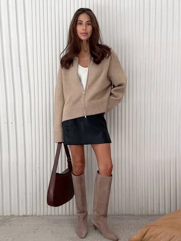Women Slouchy Acrylic Zip Up Long Sleeve Cardigan Sweater Elegant Polo Collar Quilted Knit Outerwear Top