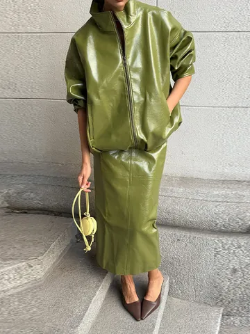 Damen Amerikanisches Retro Glänzende PU Leder Jacke Und Langer Rock Top Und Bottom Stehkragen Reißverschluss Streetwear Herbst Outfits