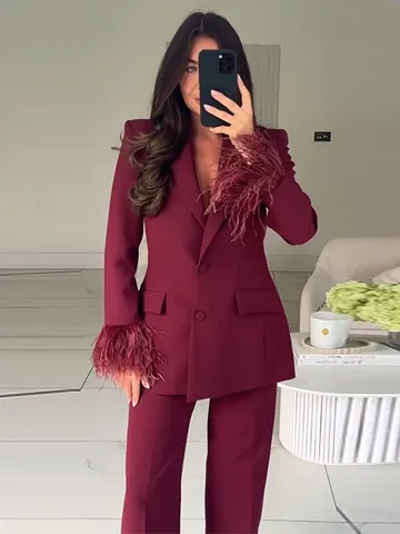 Women Elegant Wine Red Suit Set Single Breasted Blazer With Feather Cuff And Long Pants For Banquet Party Office Lady