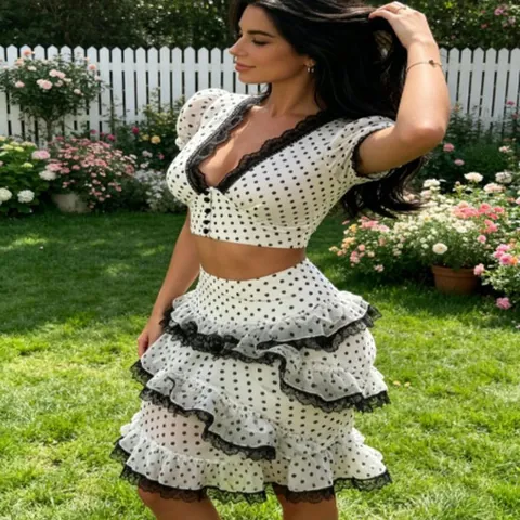 Women Polka Dot Lace Patchwork V-Neck Crop Top And Tiered Cake Skirt Sweet Fashion Outfits Stylish Summer Daily Clothes