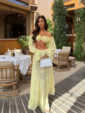 Women Vacation Style Top And Bottom Off Shoulder Ruffle Crop Top Tiered Maxi Skirt Set Polyester Beach Party Outfit