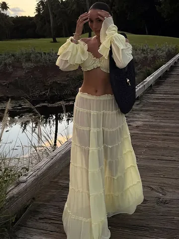 Women Vacation Style Top And Bottom Off Shoulder Ruffle Crop Top Tiered Maxi Skirt Set Polyester Beach Party Outfit