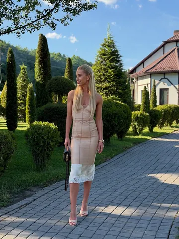 Women Sexy Perspective Mesh Fishbone Corset Midi Dress Lace Splicing Bodycon Sling Dress For Party Vacation Clubwear Nude