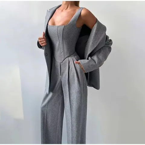 Look alla Moda da Ufficio da Donna in Poliestere Spandex Elegante Blazer a Spina di Pesce Top Corsetto E Pantaloni a Gamba Larga Con Cintura