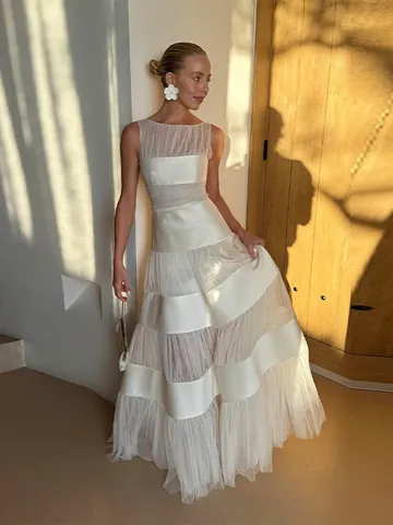 Französischer Stil Weißes Netz-Patchwork Ärmelloses Abendkleid Gestuftes Kuchendress Maxi Kleid Für Damen Hochzeit Party
