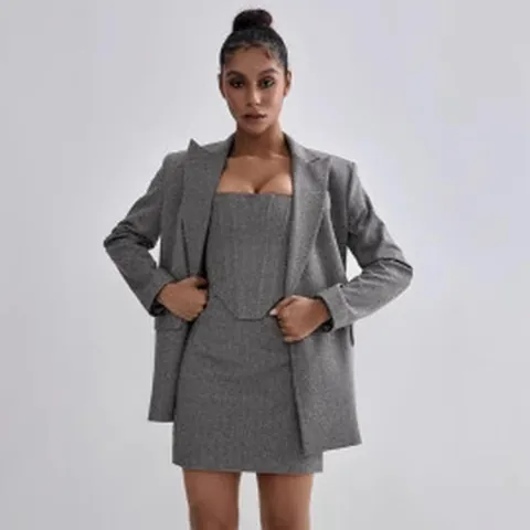 Look alla Moda da Ufficio da Donna in Poliestere Spandex Elegante Blazer a Spina di Pesce Top Corsetto E Pantaloni a Gamba Larga Con Cintura