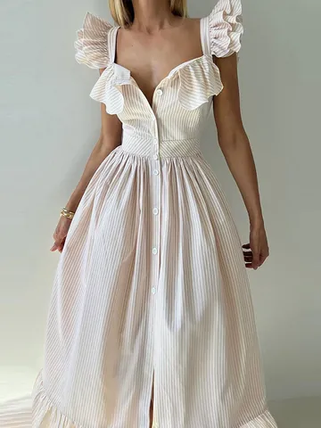 Abito Vintage Francese a Righe con Volant e Maniche a Farfalla Donna Scollo Quadrato Monopetto Vita Alta A-Line Midi Abito