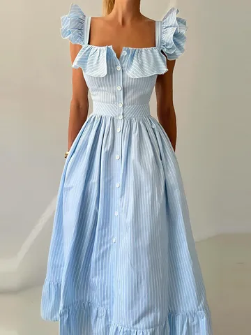 Abito Vintage Francese a Righe con Volant e Maniche a Farfalla Donna Scollo Quadrato Monopetto Vita Alta A-Line Midi Abito