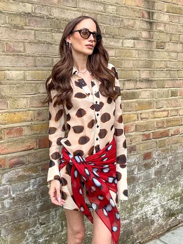 Women's Elegant Polka Dot Shirt Dress Contrast Color Lace-up Wrap Midi A-Line Dress Long Flare Sleeve Digital Printed Casual Party Dress