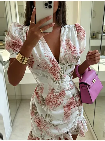 Vestido Mini con Estampado Floral Estilo Francés Corte Ajustado Cuello en V Mujer Manga Abullonada Dobladillo con Volantes Vacaciones Verano