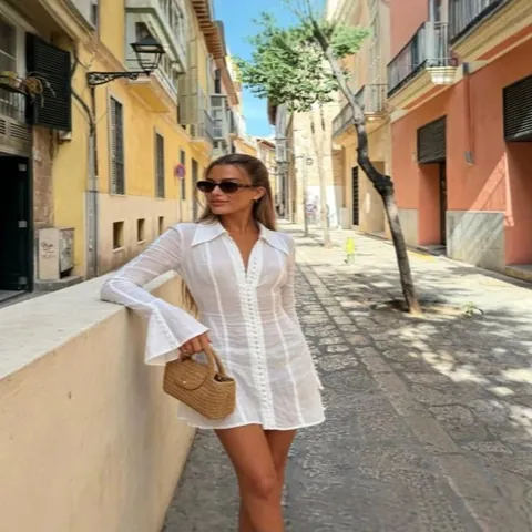 Women Elegant Pleated Button Down Shirt Dress Slim Fit V-Neck Flare Sleeve Solid Color Polyester Mini Dress Vacation Summer Clothes