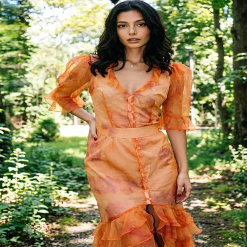 French V Neck Printed Midi Dress Women Puff Sleeve Ruffle Hem Slit Dress Elegant Vacation Party Clothing Top And Bottom