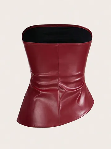 Women Sexy Strapless PU Leather Tube Top Solid Wine Red Ruched Asymmetrical Hem Slim Fit Short Bandeau Top Party Clubwear