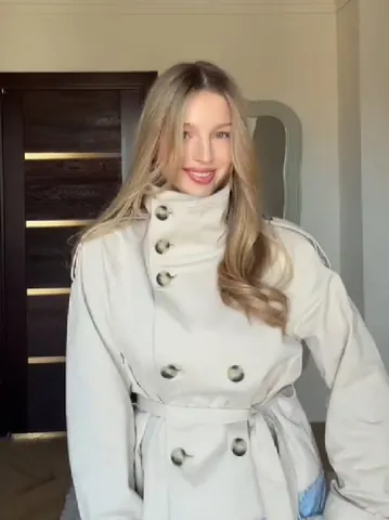 Women's Short Trench Coat Stand Collar Double-Breasted Slim Fit Waist Tie Jacket Casual Office Commuter Outerwear Polyester