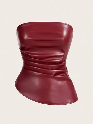 Women Sexy Strapless PU Leather Tube Top Solid Wine Red Ruched Asymmetrical Hem Slim Fit Short Bandeau Top Party Clubwear