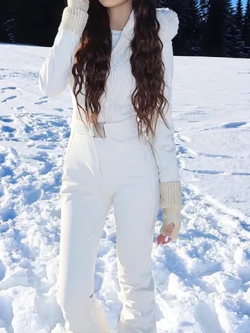 Women Fashion Thick Slim Fit Ski Jumpsuit With Faux Fur Collar Belt Hooded Outdoor Snow Sport Top And Bottom Winter Warm One Piece Bodysuit