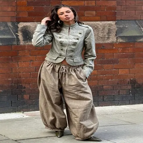 Giacca Donna Stile Militare Vintage Collo Coreana Spalline Lavata Effetto Usato Slim Napoleon Cargo Corta Top