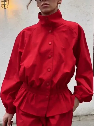 Giacca Corta da Donna Rétro con Collo Alto Manica a Lanterna Vita Sottile Abbigliamento Autunnale Set Giacca e Pantaloni