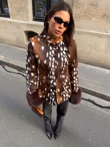 Women Animal Print Faux Fur Jacket Stand Collar Slim Fit Waist Coat Winter Warm Long Sleeve Outwear Vintage Deer Pattern Top