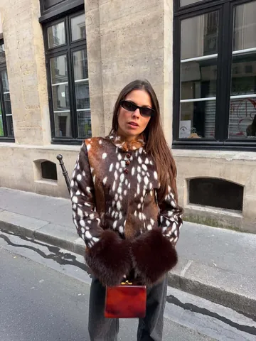 Women Animal Print Faux Fur Jacket Stand Collar Slim Fit Waist Coat Winter Warm Long Sleeve Outwear Vintage Deer Pattern Top