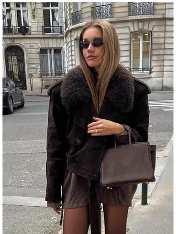 Damen Vintage Braun Wildlederimitat Jacke Locker Kurz Langarm Mantel Mit Pelzkragen Warm Winter Top Streetwear