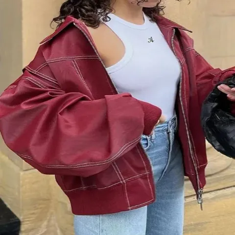 Giacca Cappotto da Donna in Poliestere Stile Americano Vintage Risvolto Oversize Manica Lunga Cerniera Capispalla Cuciture a Contrasto Streetwear Top