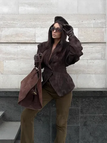 Women's Elegant Suede Fabric Jacket British Style Big Lapel Cinched Waist Single Button Overcoat Vintage Casual Outerwear