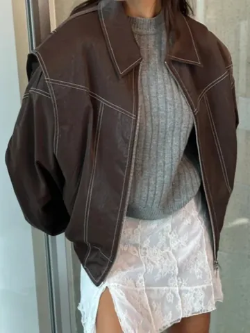 Giacca Cappotto da Donna in Poliestere Stile Americano Vintage Risvolto Oversize Manica Lunga Cerniera Capispalla Cuciture a Contrasto Streetwear Top