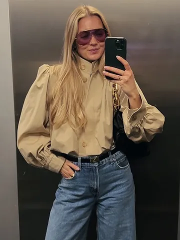 Women Stand Collar Short Trench Coat British Style Shoulder Pads Puff Sleeve Solid Color Polyester Jacket Top