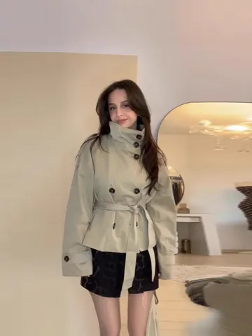 Gabardina Corta Estilo Coreano para Mujer Doble Botonadura Con Cinturón Cuello Alto Color Sólido Otoño Moda Top Caqui Rojo Verde