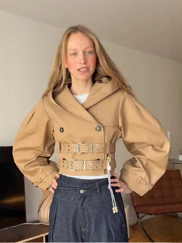 Women's Fashion Khaki Hooded Trench Coat With Belt Double Breasted Puff Sleeve Autumn Commute Slimming Windproof Jacket Outerwear