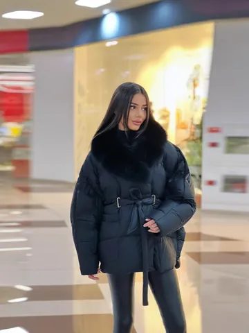 Women Winter Thickened Padded Coat Long Sleeve Detachable Fur Collar Waist Tie Quilted Parka Jacket Solid Color Outerwear Top